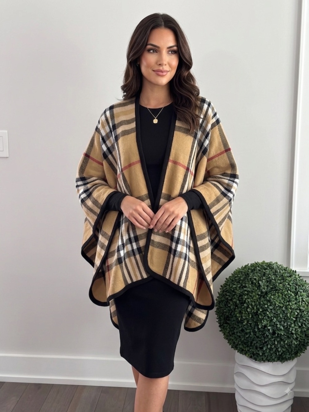 V. FRAAS Camel Plaid Open-Front Poncho with Black Trim One Size